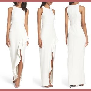 NEW $228 Xscape Sleeveless Ruffle Column High Slit Gown Ivory [Size 2‎ ]
